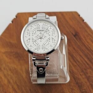 Fossil Womens Silver Tone Rhinestone Crystal Watch Metallic Evening Glam ES-3292
